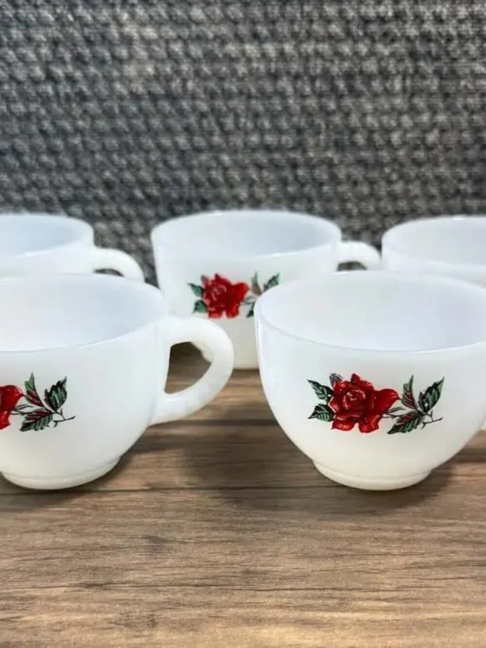 Vintage Rosecrest Federal Milk Glass Cups Red Rose Pattern Set of 5